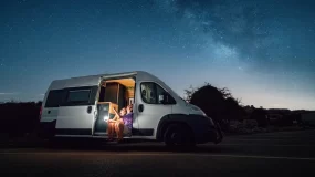 RV parked at night.