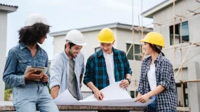 Construction workers talking.