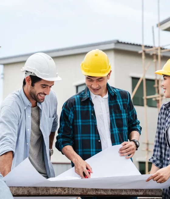 Construction workers talking.