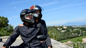 Couple on a motorcycle road trip in Georgia.
