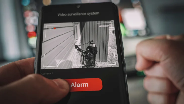 Person watches a man trying to break into his home on his phone, keeps home safe while traveling.