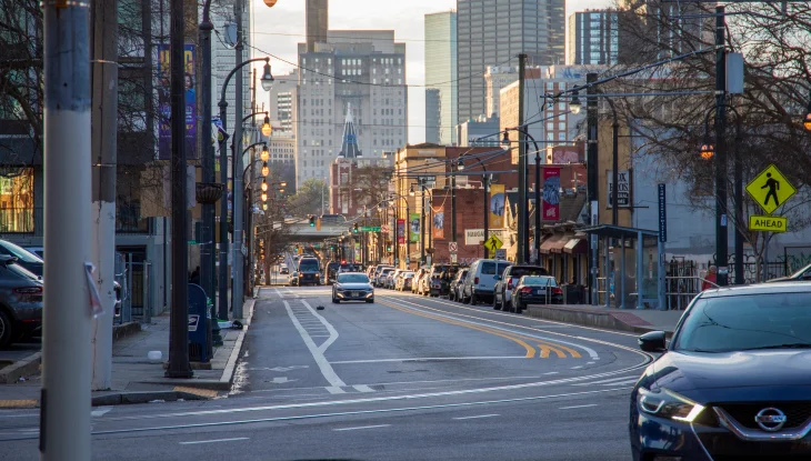Cars drive in downtown Atlanta.